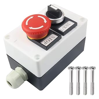 Red Mushroom Emergency Stop 1NC 1NO Latching Push Button Switch, 3 Positions 2NO Latching Rotary Select Selector Switch Station Box