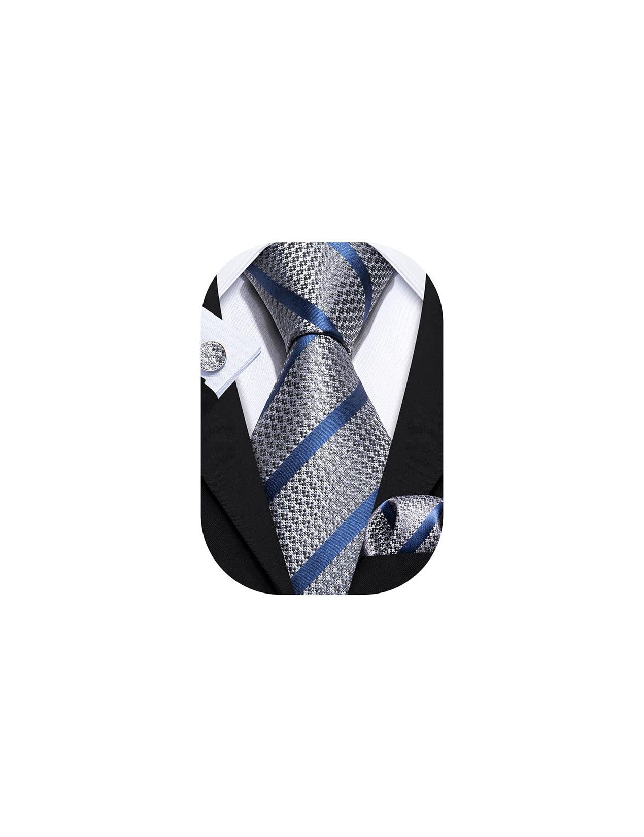 YOHOWA Men Striped Tie Set Silk Classic Business Wedding Formal Fashion Necktie Pocket Square Cufflinks Set, Blue Silver, One size