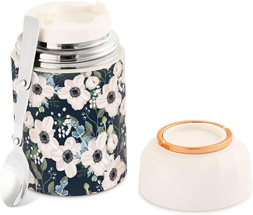 Miniatura 1 de MCHIVER White Flower Food Jar with Spoon Stainless Steel Vacuum Insulated Food Container 17 oz Thermos for Lunch