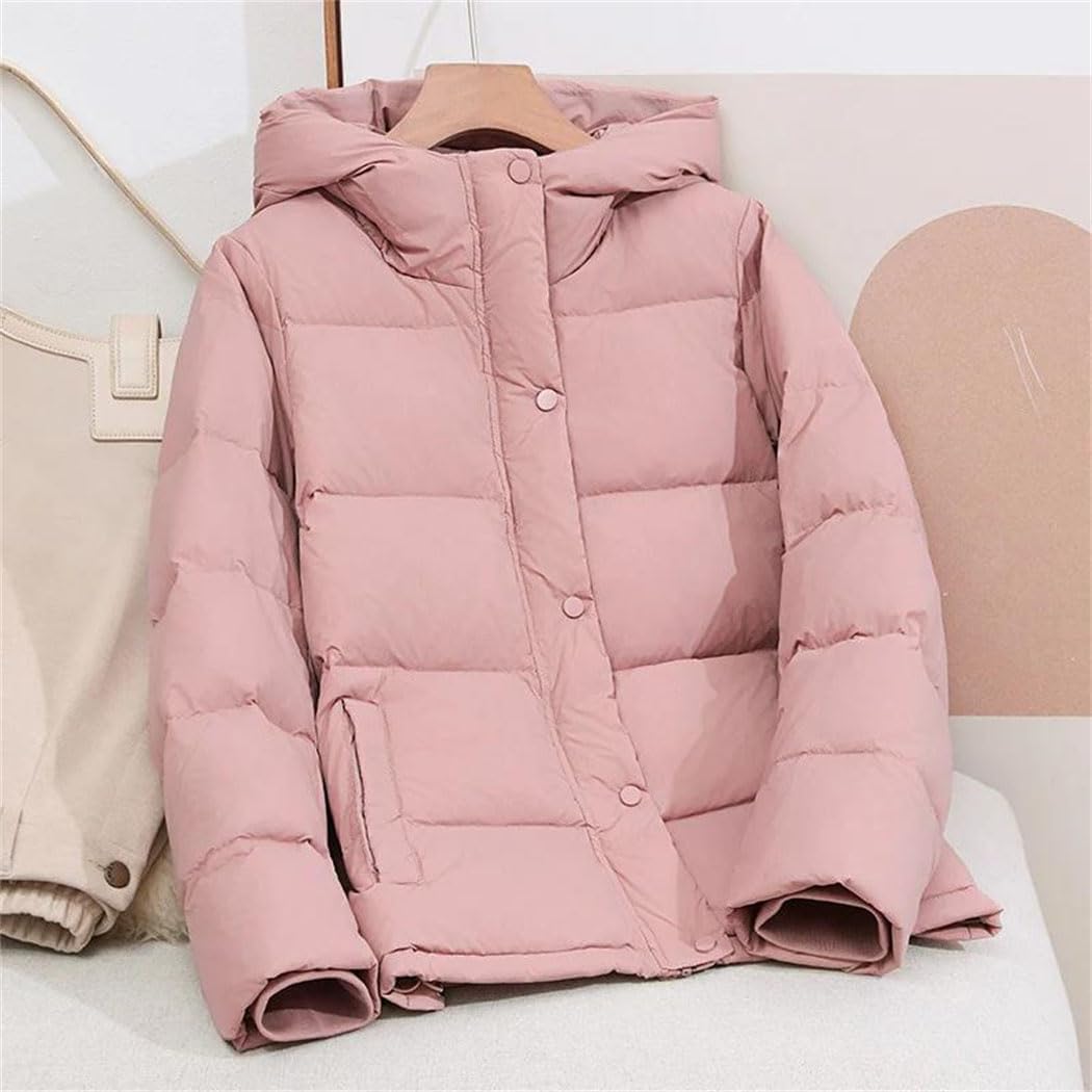 Women’s White Duck Down Jacket Hooded Solid Color Loose Fit Winter Outwear