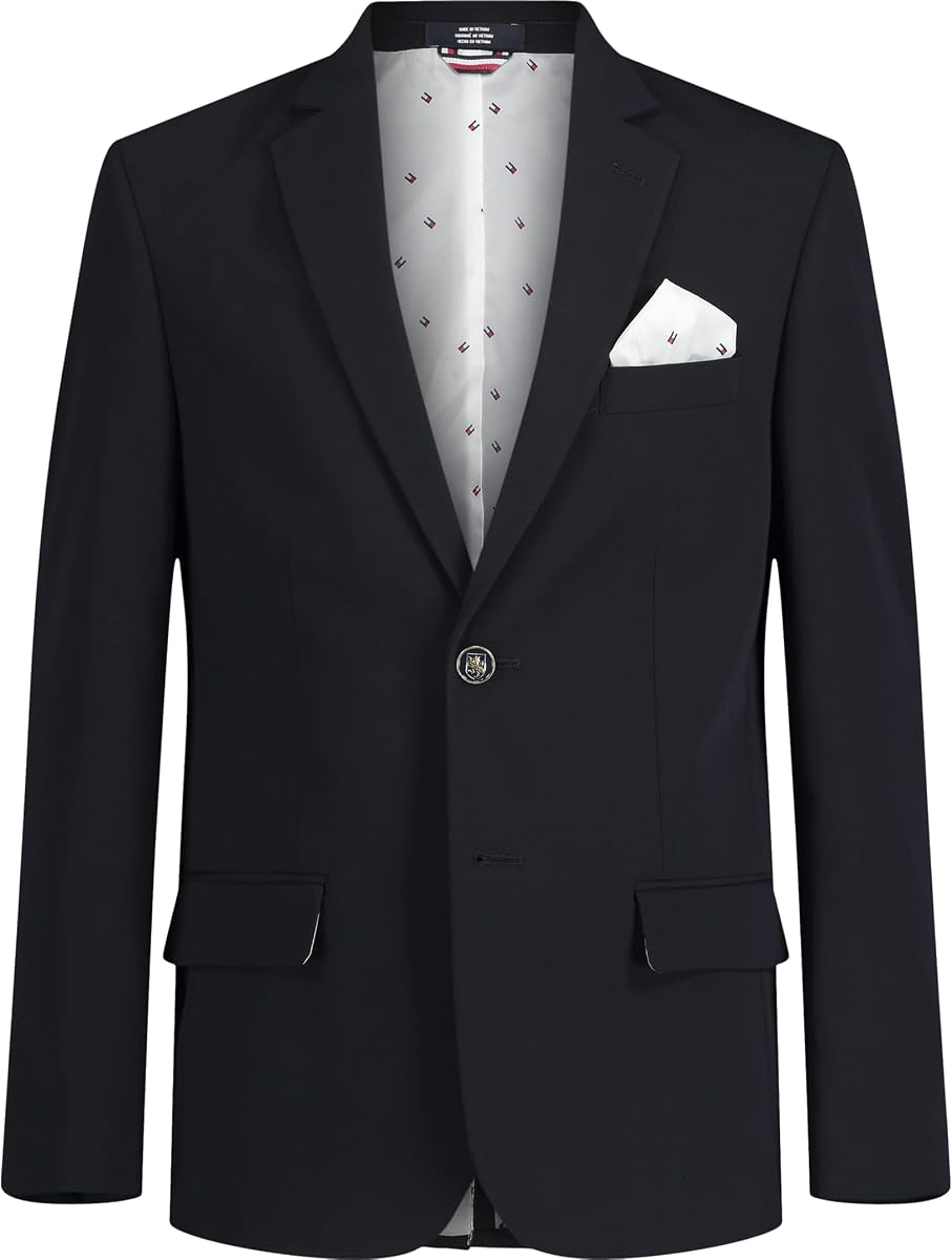 Tommy Hilfiger Boys' Bi-Stretch Alexander Blazer, Single Breasted with Pocket Square, Solid Color with Flag Print Lining