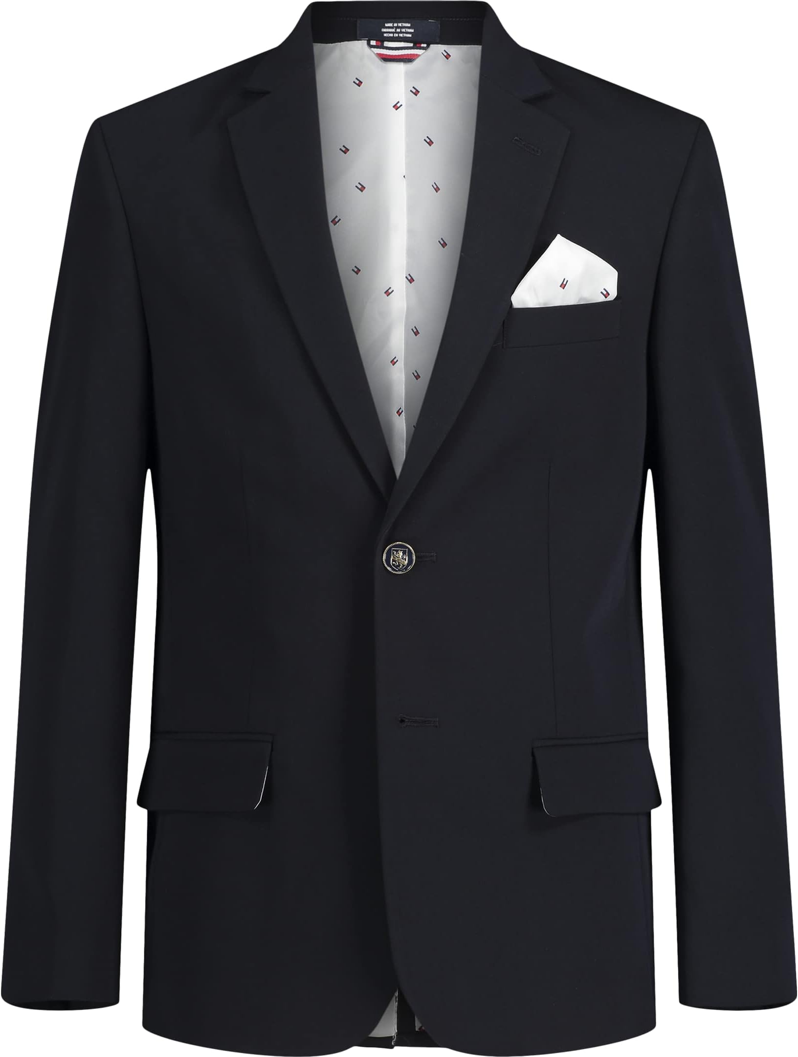 Boys' Bi-Stretch Alexander Blazer, Single Breasted with Pocket Square, Solid Color with Flag Print Lining Business Suit Jacket