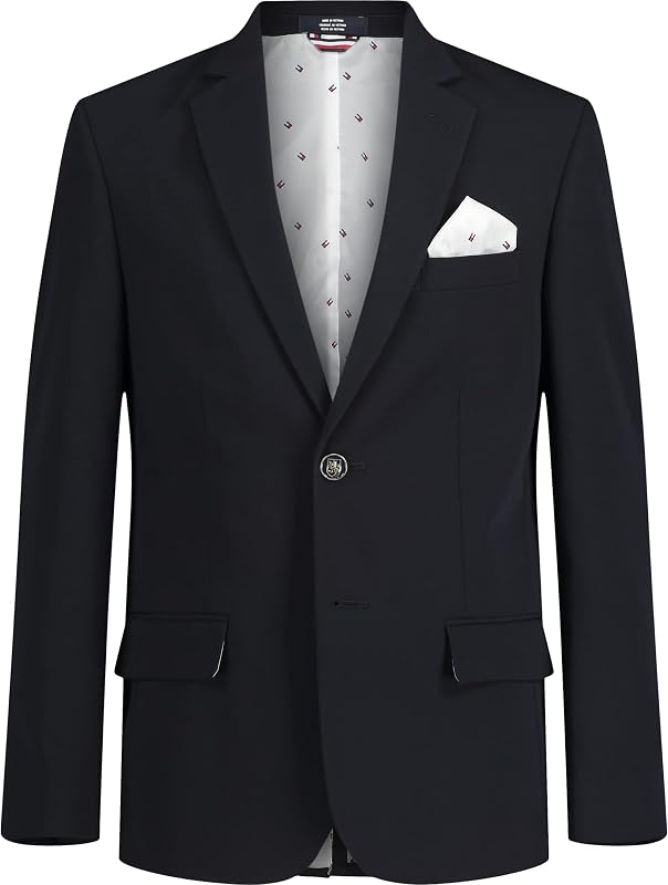 Tommy Hilfiger Boys' Bi-Stretch Alexander Blazer, Single Breasted with Pocket Square, Solid Color with Flag Print Lining
