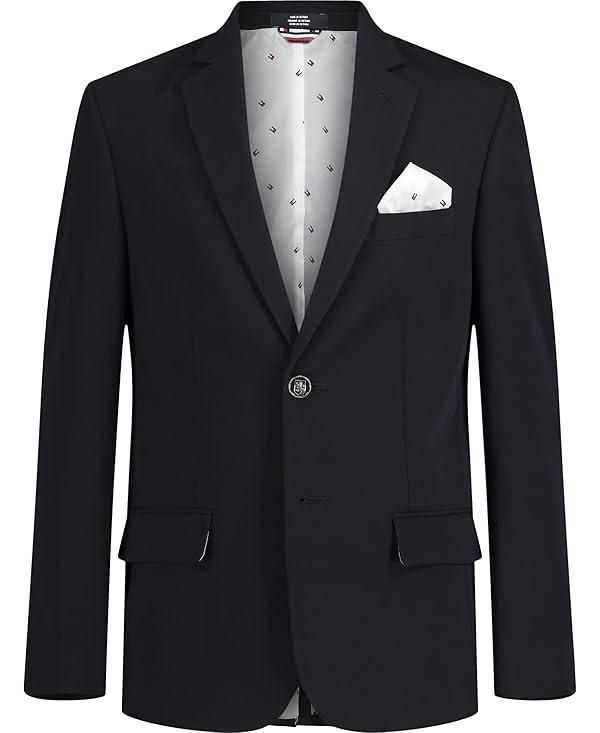 Tommy Hilfiger Boys' Bi-Stretch Alexander Blazer, Single Breasted with Pocket Square, Solid Color with Flag Print Lining, Navy, 6 by Tommy Hilfiger - Used condition - US$26.03