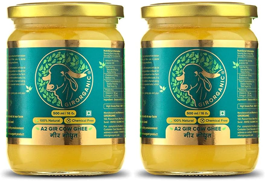 GIRORGANIC A2 Pure Ghee|100% Gir Cow Ghee|Vedic Bilona Method|500 Ml Glass Bottle|Grassfed, Cultured, Premium & Traditional Ghee|Immunity Booster (500 Ml Combo- 2 Piece)|Gopal Ratna Award Winner 2023