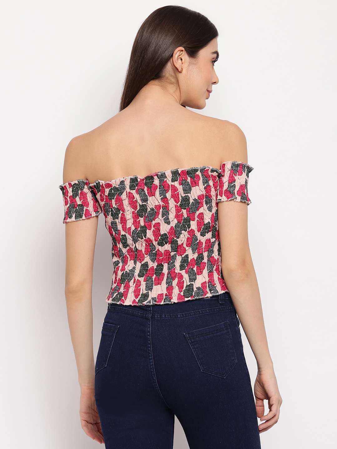 Craftnova Women's Rayon Printed Off-Shoulder Smocked Crop Top Short Sleeve Casual Styles Tank Top (Free Size) Multi35