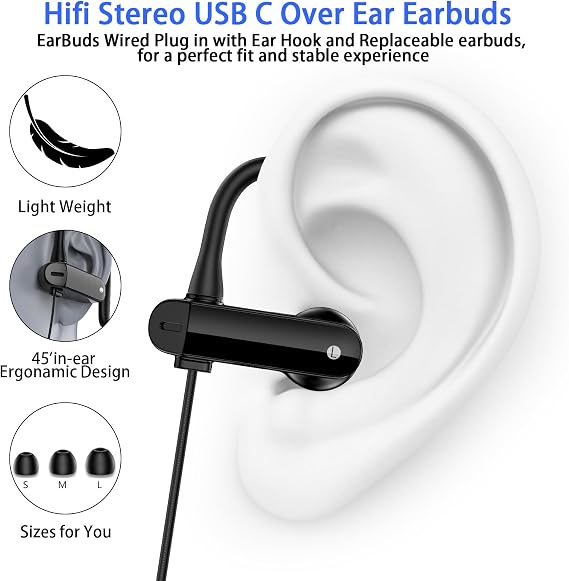 USB C Headphones Over Ear Hooks for iPhone 18 Pro Max 17 16,Black