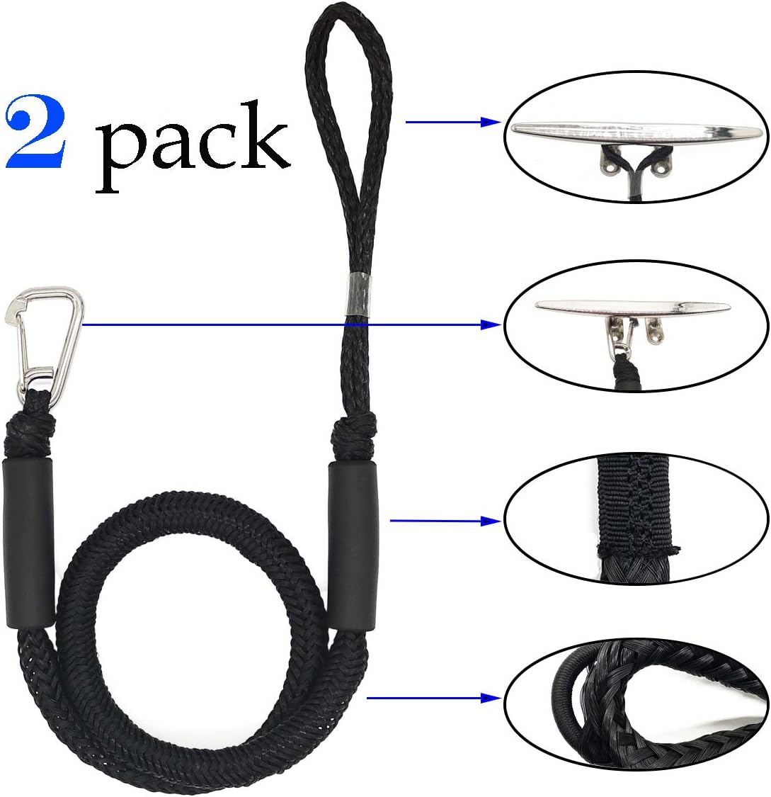 Jranter Bungee Dock Lines for Boats - Stretchable Dock Rope with Hook & Foam Float 4-5.5 ft (2 pcs)