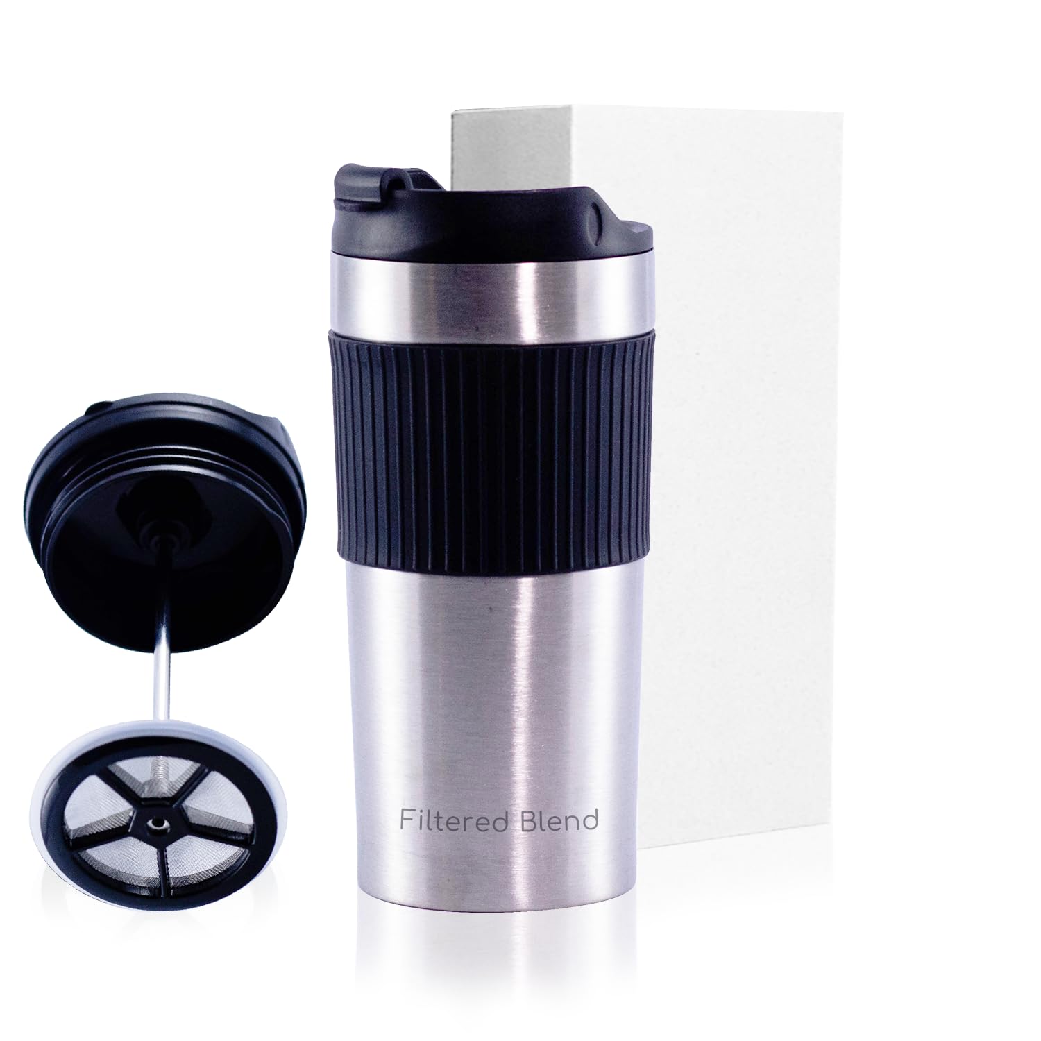 15oz Double Wall Stainless Steel Insulated French Press Coffee and Tea Maker - Portable Camping Mug and Tumbler - Heat Retaining, Leak-Proof, Travel-Friendly for Office and Outdoor Adventures (Silver)