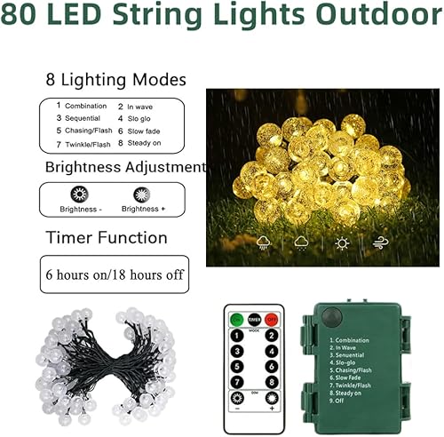 Miniatura 4 de Guirnalda de luces de globo a pilas, 39 pies, 80 luces LED de globo de cristal, 8 modos, impermeable, con temporizador para patio, jardín, balcón,