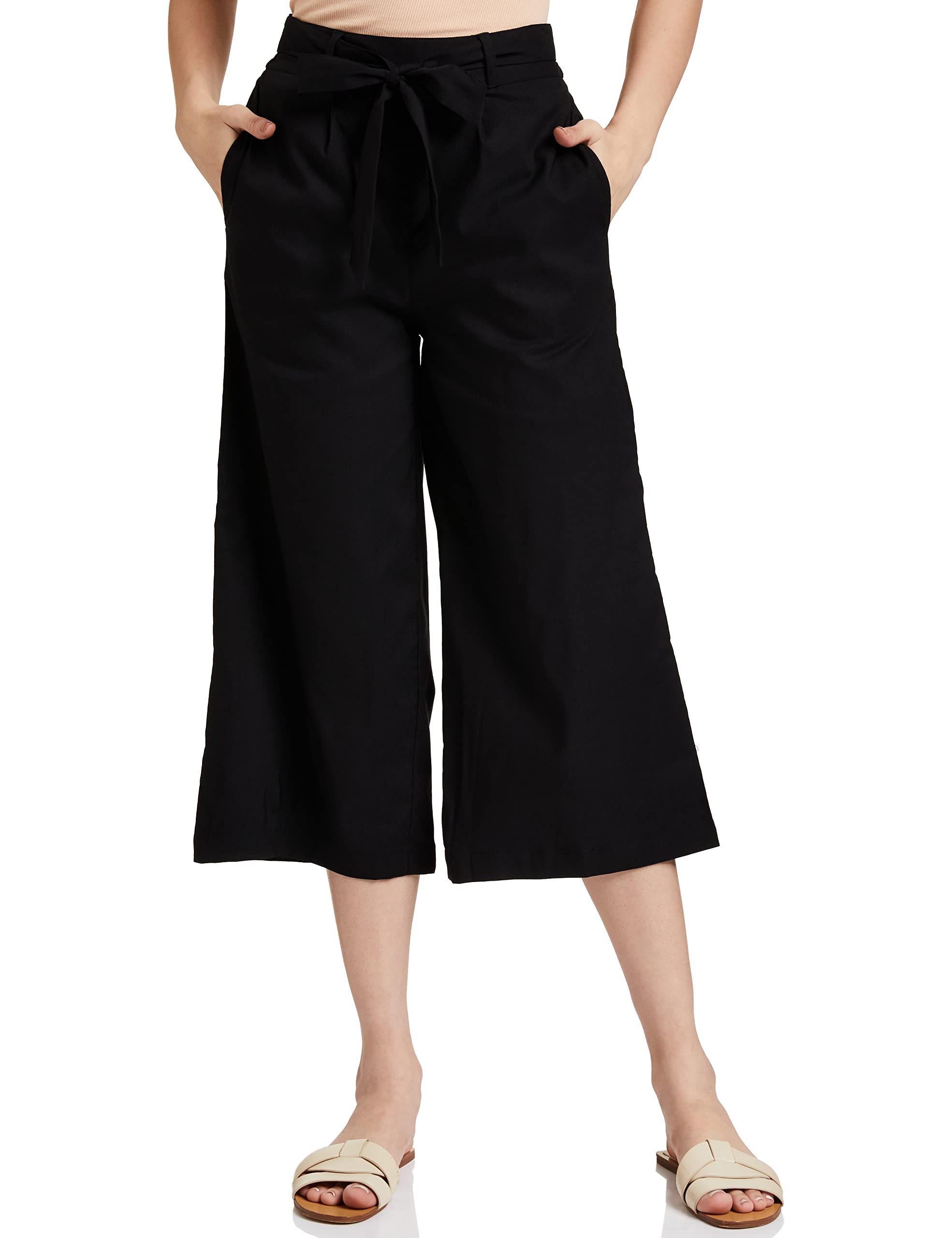 Women's Regular High Rise Calf Length Culotte Office Pants (with Self Fabric Belt)