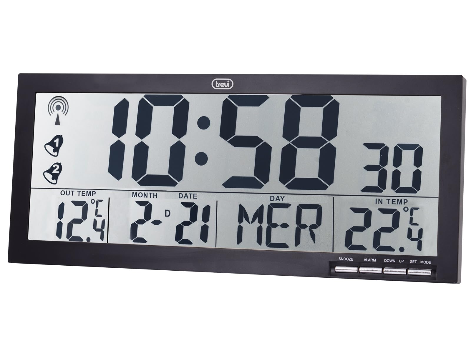 Trevi OM 3530 RC Orologio da Parete Radiocontrollato con Grande Display e Sensore Esterno Senza Fili, Termometro e Calendario Multilingue