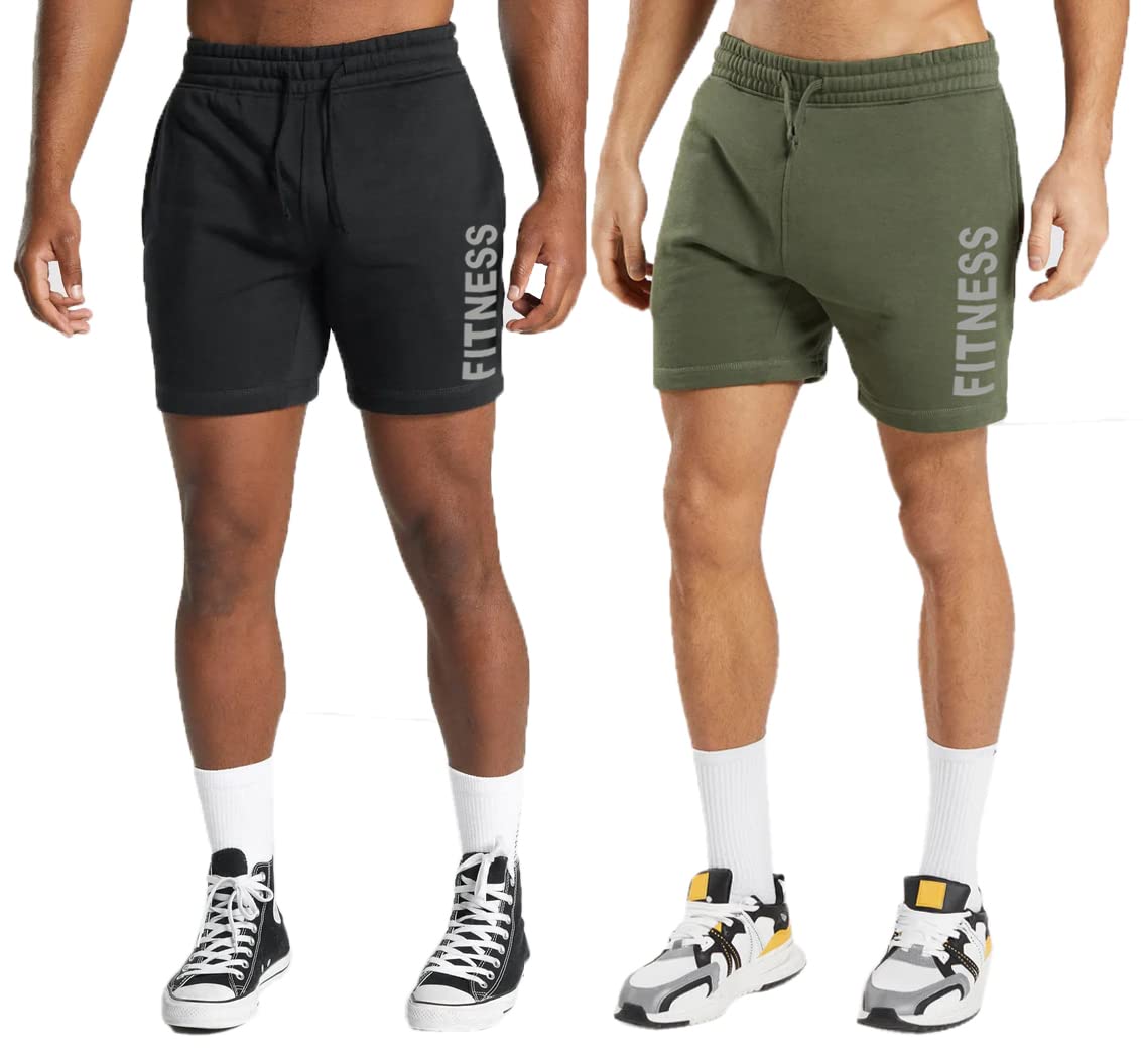 hotfits Men's Black & Green Training Rest Day Cotton Regular Shorts Pack of 2 -S-picture-26