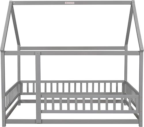 Miniatura 6 de Harper & Bright Designs Cama de suelo de tamaño matrimonial para niños, cama de madera con barandillas, diseño Montessori, techo en forma de casa,