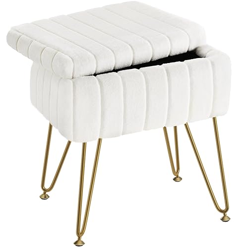 Greenstell Vanity Stool Chair Faux Fur with Storage, 15.7"L x 11.8"W x 19.4"H Soft Ottoman 4 Metal Legs with Anti-Slip Feet, Furry Padded Seat, Modern Multifunctional Chairs for Makeup, Bedroom White - White
