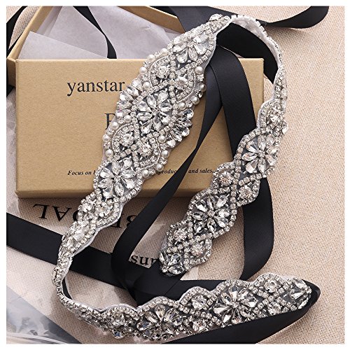 Yanstar Silver Bridal Rhinestone Wedding Belts Hand Crystal Beads Belt Black Sashes For