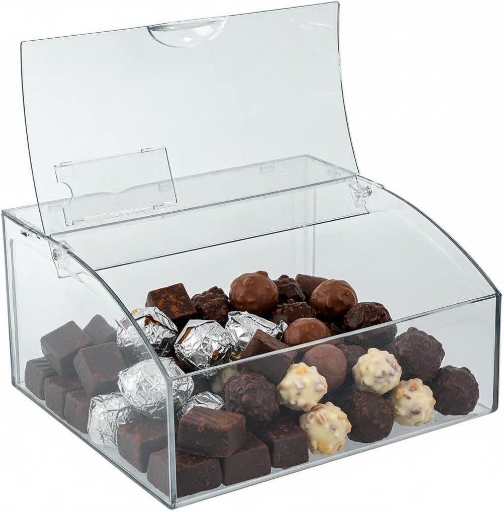 Azar Displays 400435 Hinged Candy Bin with Price Tag Slot – Clear Acrylic Dispenser, 7"H x 11.75"W x 11.75"D – Large Gravity-Fed Container for Candy, Snacks, or Dry Goods