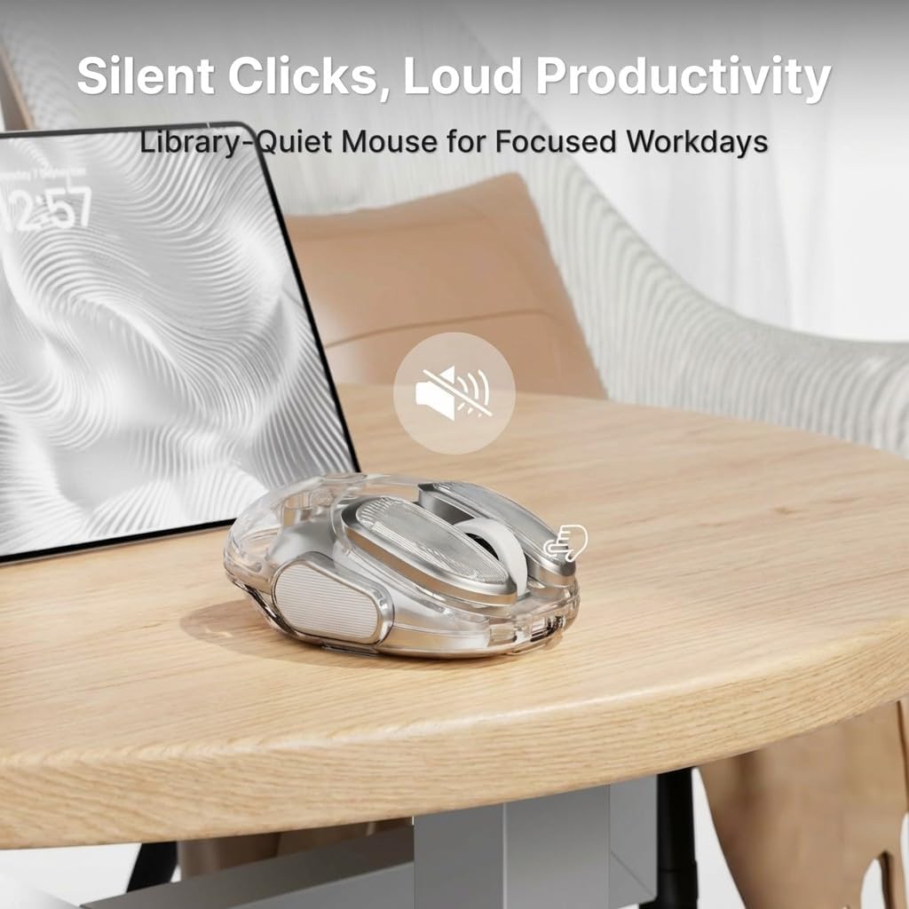 SEUNKWANG EWEADN Q9 Wireless Clear Mouse Dual Mode Bluetooth & 2.4G USB Computer Mouse with RGB Lighting, Silent Clicks, Multi-Device Compatibility for Laptop, PC, MacBook, iPad Cute Mouse-Sliver