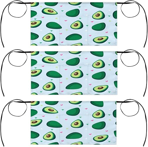 KOBLEN Paquete de 3 delantales con estampado de aguacate de dibujos animados con 3 bolsillos, impermeables, delantales de media cintura para mujer,