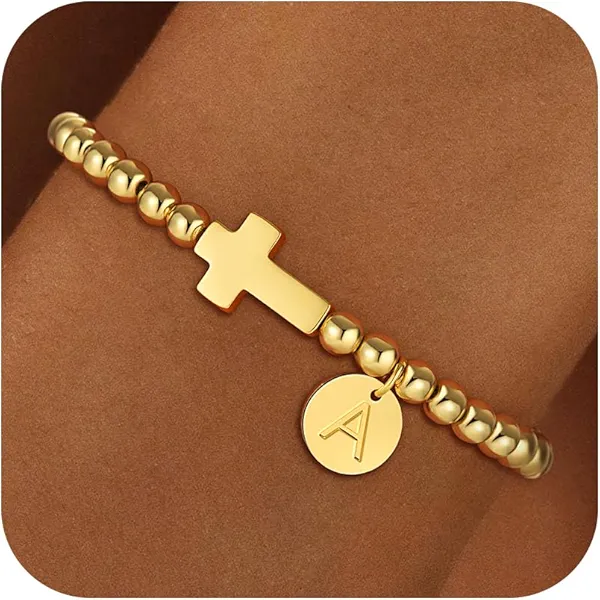 Fezodo Gold Initial Bracelets for Women Girls, Dainty Cross Charm Initial A Bracelet for 5 6 7 8 9 10 Year Old Girl Birthday Gifts Non Tarnish Gold Beaded Bracelets for Women Girls Jewelry