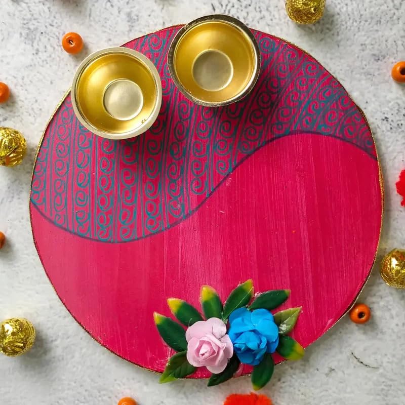 CLASSY ARTZ Diwali Pooja Plate with Accessories Kumkum & Chawal Bowls for Festivals and Poojas- Pooja Thali for Holi Rakhi Karwachauth Bhai Dooj & all Indian Ritual Occasions (6-inch Pink Pooja Thali)