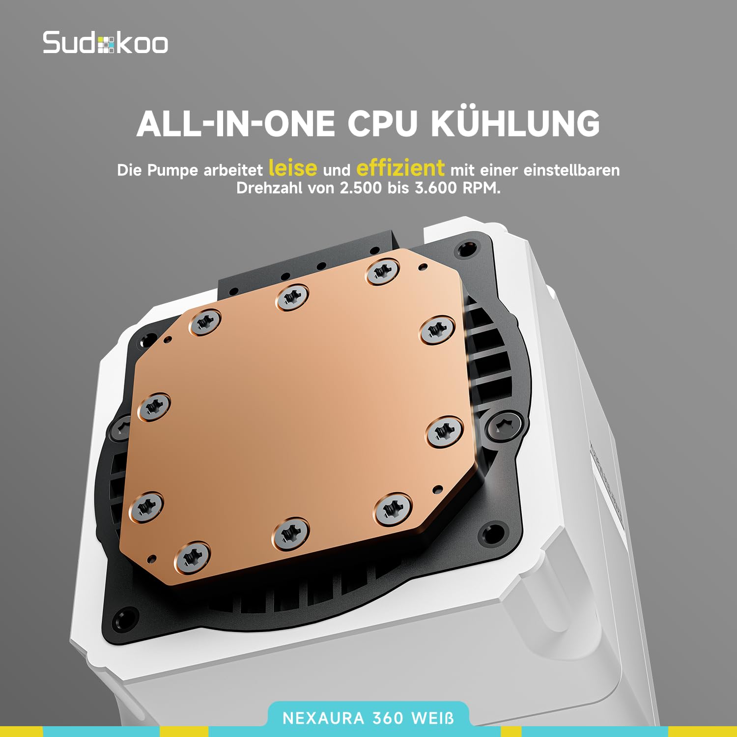 Sudokoo NEXAURA 360 WeIß CPU Wasserkühlung : AIO Wasserkühlung 360mm mit 3x FDB PWM Lüfter & ARGB PWM Pumpe van 2500–3600 RPM - CPU Kühler TDP 300W für Intel LGA 1851/1700/1200/115X AMD AM5/AM4