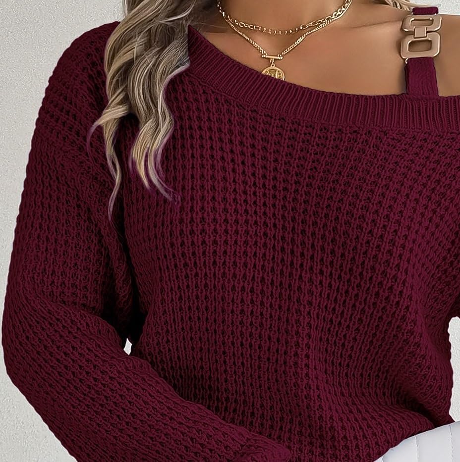 Miniatura 4 de ONDIAN Camisetas de manga larga para mujer, estilo casual, básicas, ligeras, sueltas, con hombros descubiertos, suéter de punto (color burdeos,