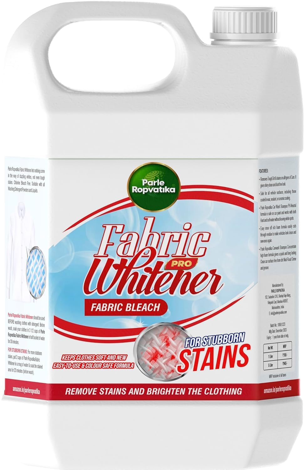 5 Liter Fabric Whitener Bleach | Bleach Refill | Stain Remover | Brighter Whites | Suitable with all Washing Detergent Powders and Liquids | 5 Liter