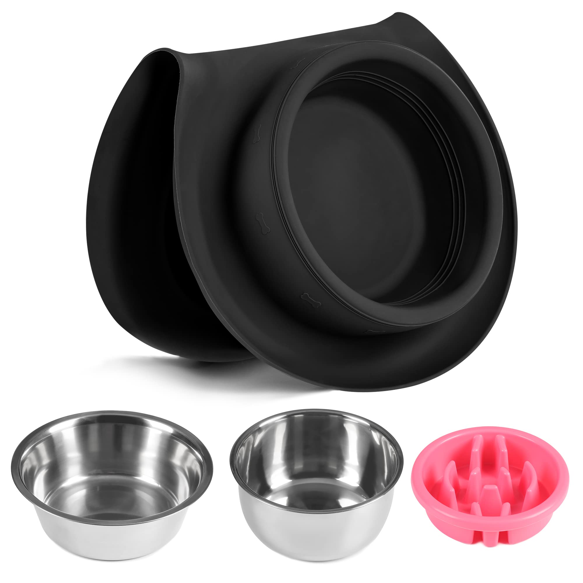 Cuencos para perros 100 % impermeables sin BPA, 2 de acero inoxidable (53 onzas + 27 onzas) con alfombrilla de silicona de borde elevado de 1.35 pulgadas + cuencos de agua y comida para perros