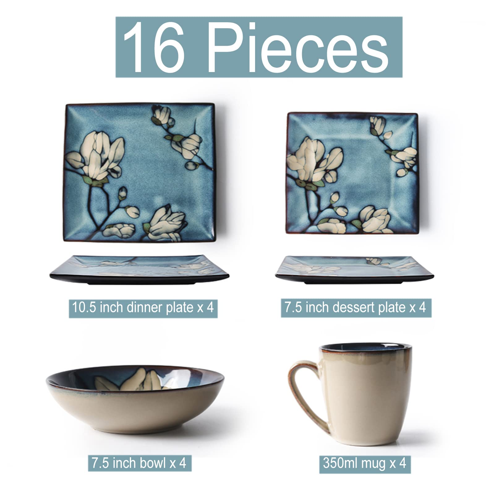 16-częściowy porcelanowy zestaw naczyń, zestaw naczyń z kamionki dla 4 osób, kompletny zestaw naczyń z talerzami płaskimi, talerzami deserowymi, miskami i kubkami