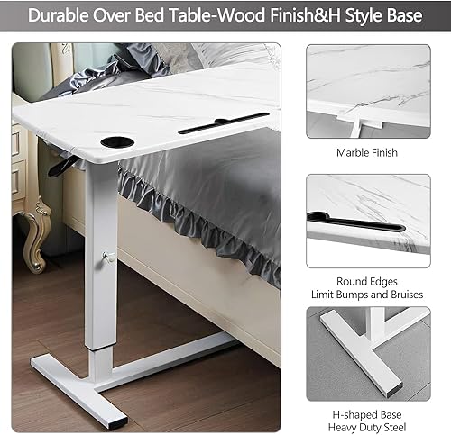 Miniatura 6 de Mesa de cama para cama de hospital, mesas de cama neumáticas ajustables sobre la cama con ruedas ocultas y USB de nuez+mármol blanco