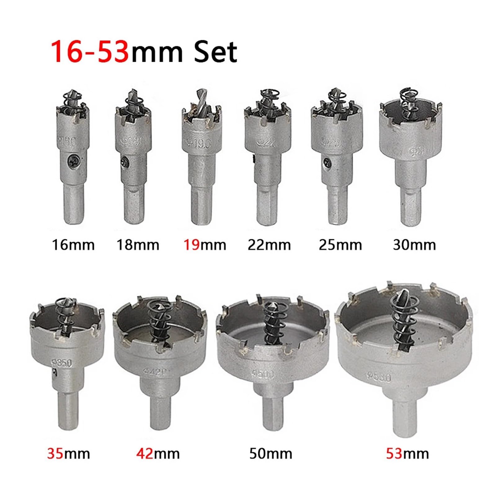 Juego de 10 brocas corona aleación 16-53 mm con punta carburo TCT for corte metal, for coronas perforación acero inoxidable(16-50mm 10PCS)