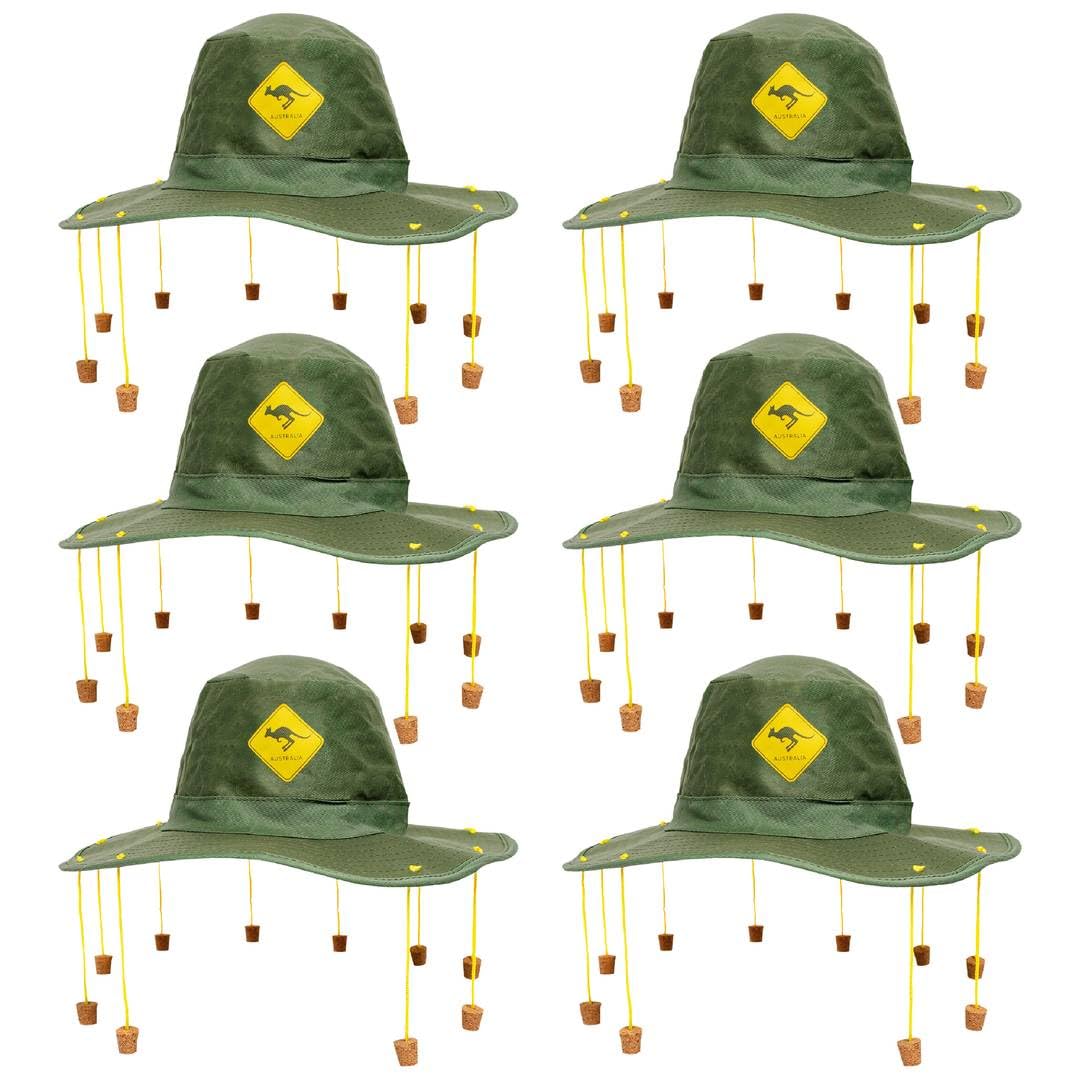 Australia Cork Hat - Pack of 6 - Green Hat with Kangaroo Badge and Hanging Corks - Australian Fancy Dress Costume Accessory Australia Day Accessory Aussie Style