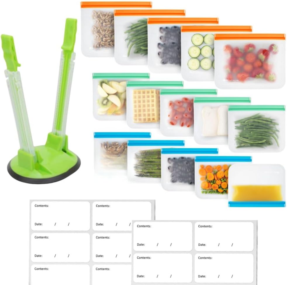 MHSEcoFriendly® Meal Prep Storage Kit – 15 Reusable, Degradable Leakproof Freezer Bags, Baggy Rack & 20 Strong Labels | BPA-Free, Multipurpose Food Storage Solution