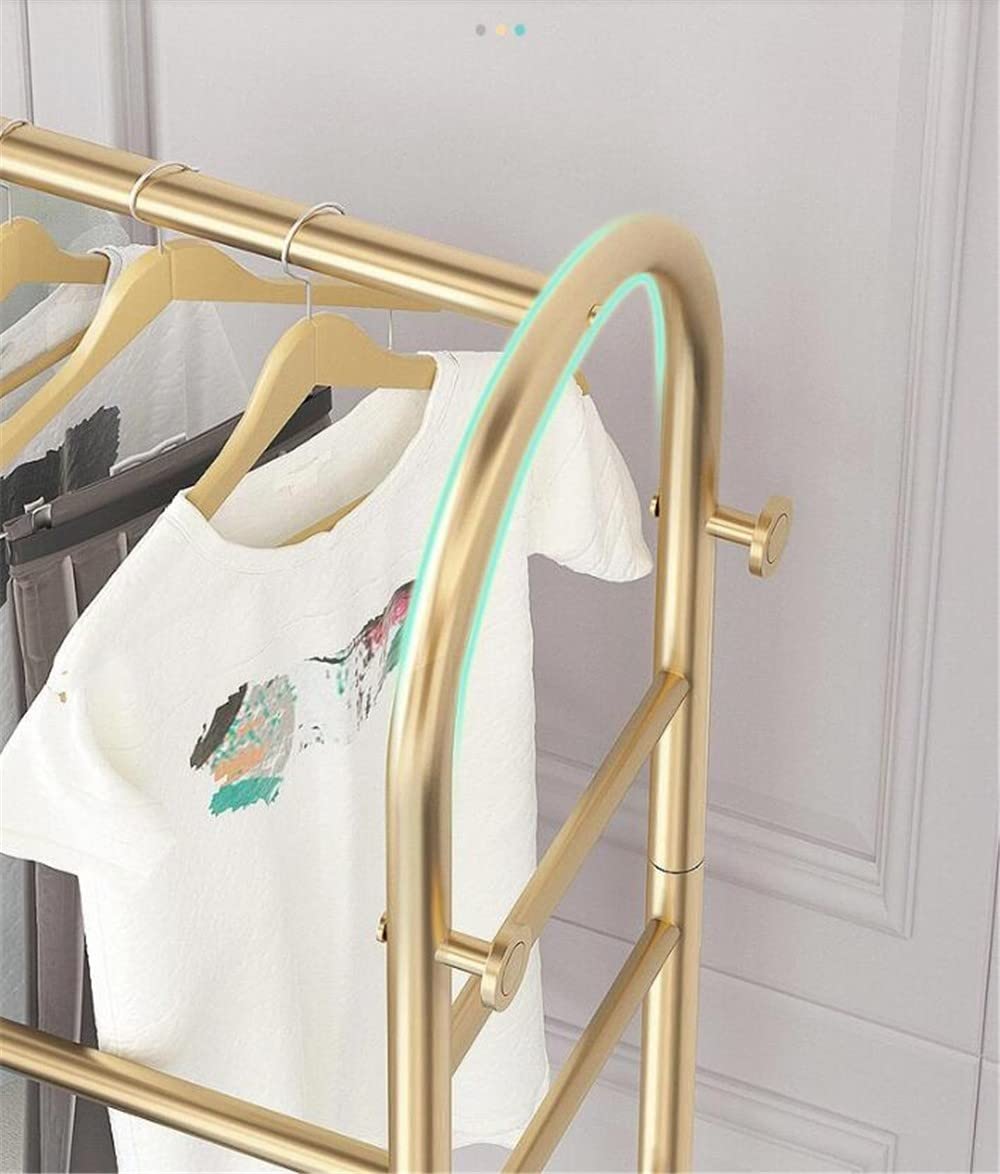 Appendiabiti Dorato su Ruote con 2 Porta Scarpe. Versatile Soluzione per riporre Abiti e Scarpe in Negozi di Abbigliamento e Boutique. Organizzatore Elegante e Funzionale.