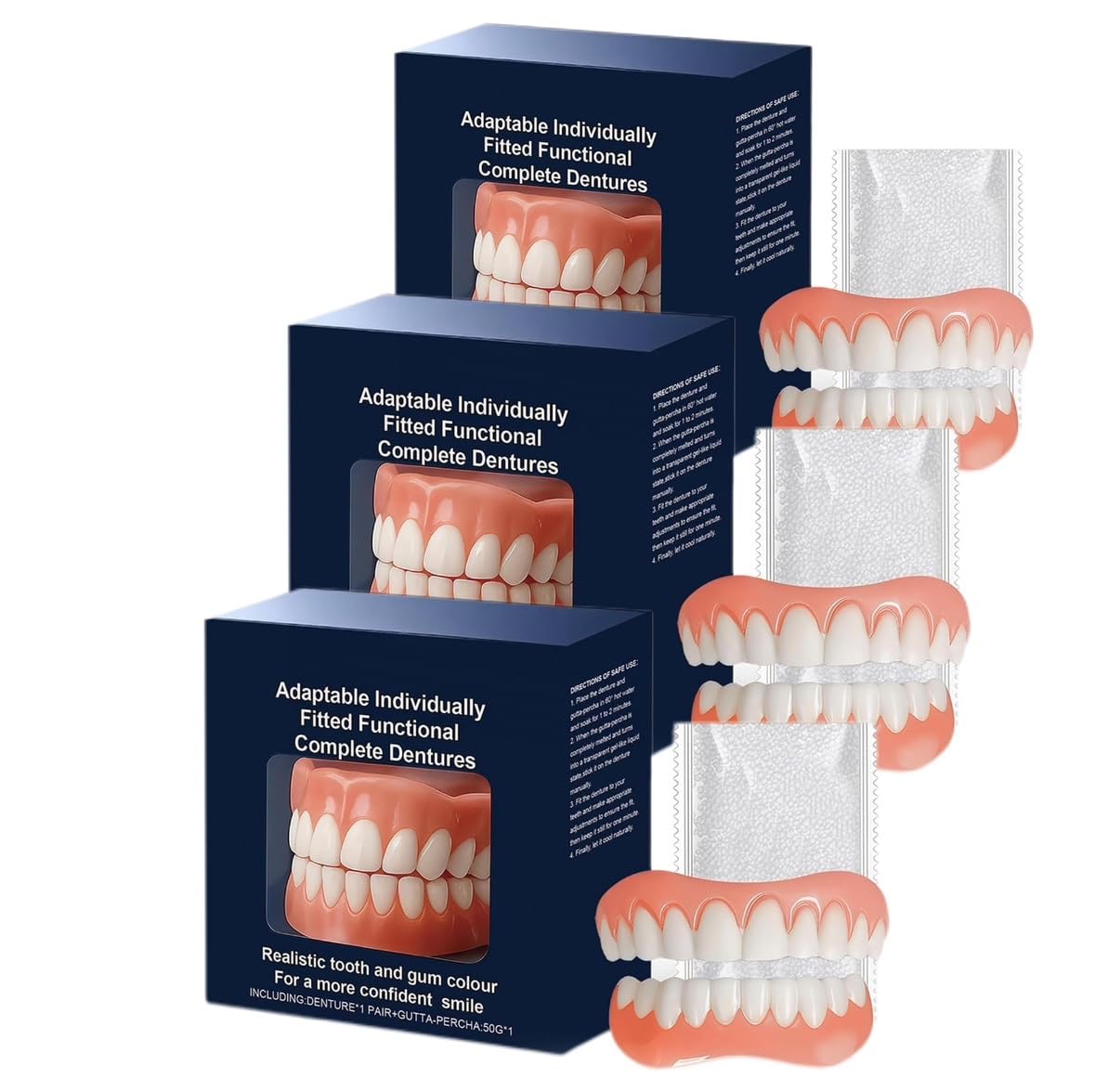 Dentaduras postizas,Prótesis dentales completas funcionales adaptables y a medida,Juego avanzado de prótesis dentales completas personalizadas, Prótesis dentales de silicona para boca (3 juego)