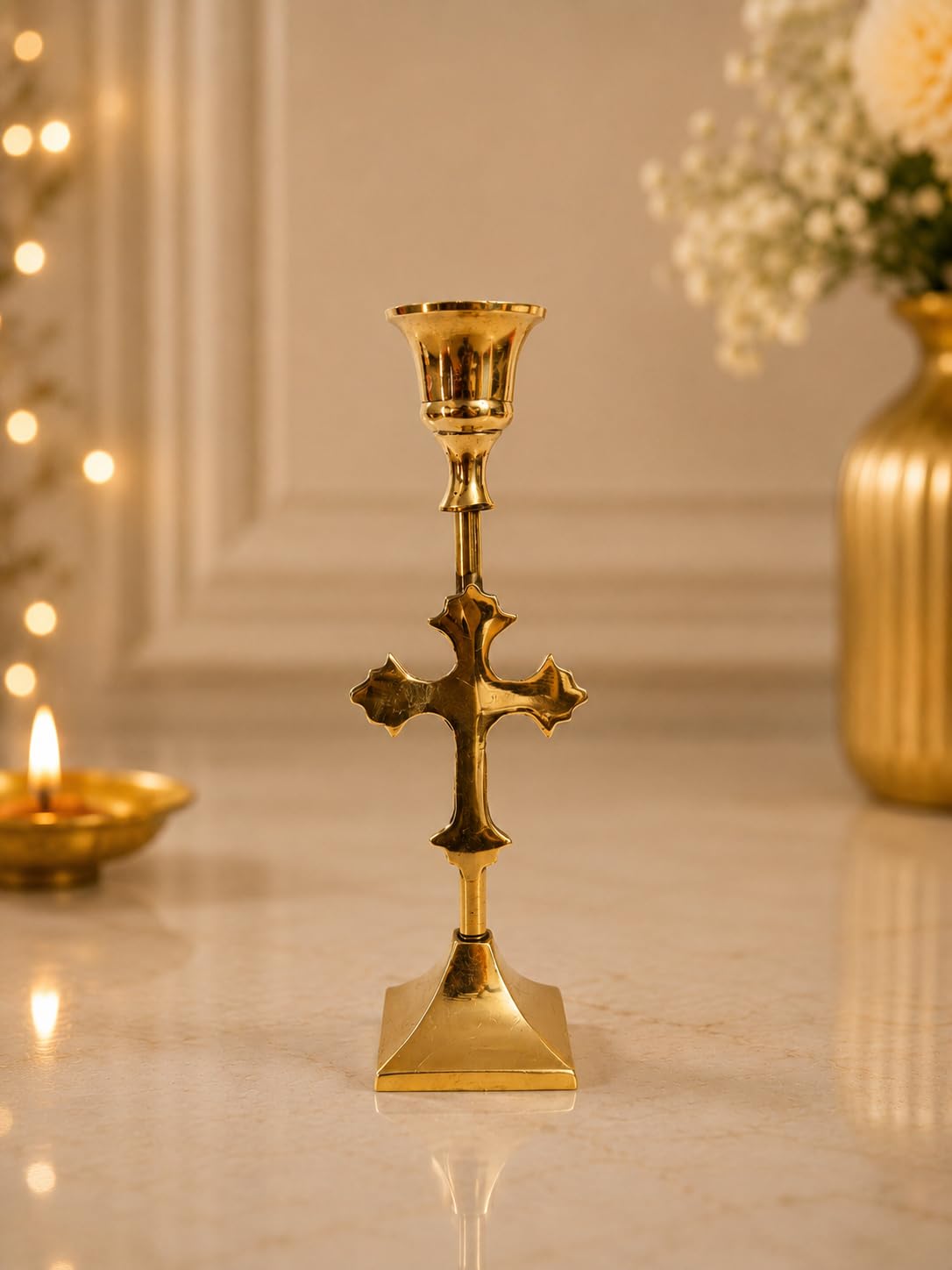 Premium Brass Cross Candle Holder | Handcrafted Christian Cross Candlestick Stand | Solid Brass Church Candle Stand for Prayer, Altar, Home Chapel & Religious Décor-image-16