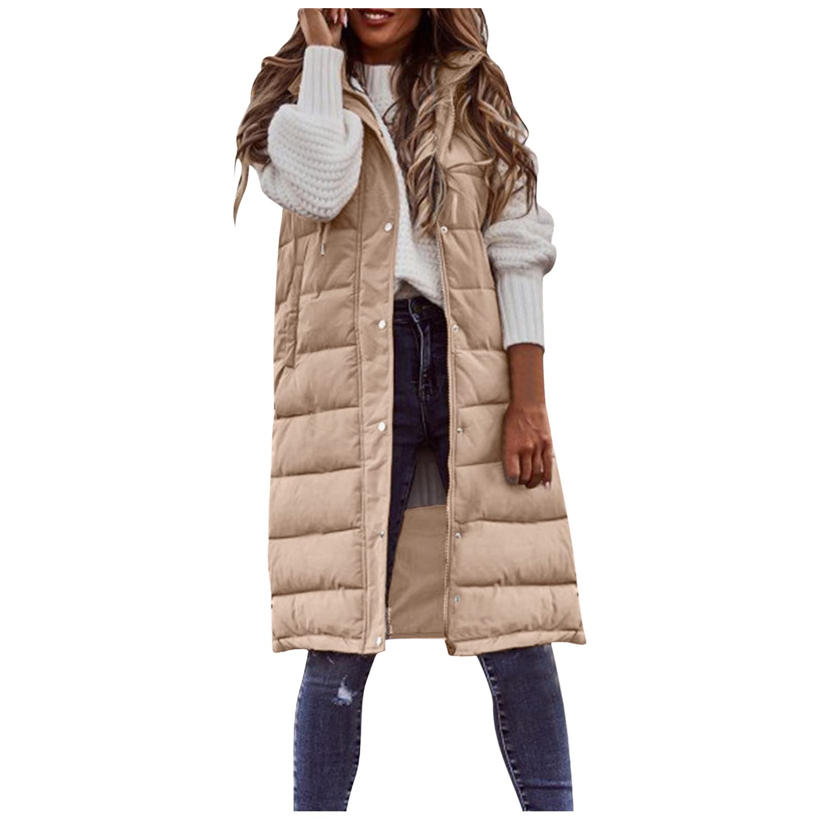 Chaleco acolchado largo para mujer - Chaleco acolchado ligero con capucha Chaleco delgado Chaqueta de invierno Chaqueta acolchada sin mangas Chaleco con capucha Abrigo acolchado portátil a prueba
