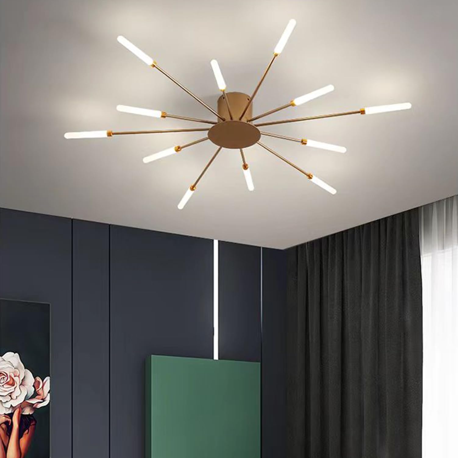 Modern LED Ceiling Light, Dimmable with Remote Control Lamp Black Chandelier, Semi-flush Ceiling Light, For Bedroom Ceiling Lamp Living Room Kitchen Dining Room Office Pendant Light (Gold, 12 lights)