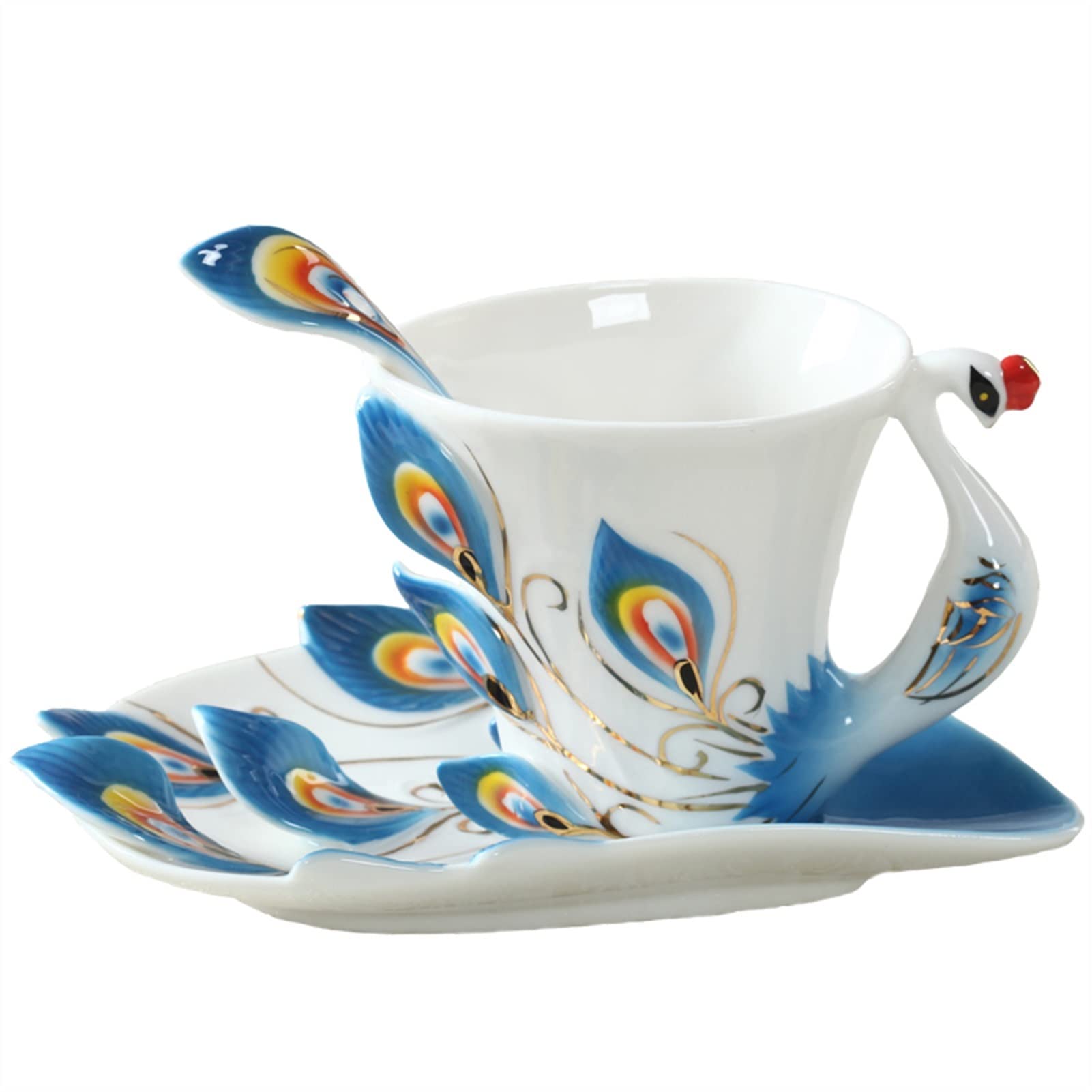 Persönliche Kaffeebecher, 1 Stück Pfauen-Kaffeetasse, Keramik, kreative Tassen, Bone China, 3D-Farbe, Emaille-Porzellan, Tasse, Tasse und Untertasse, Set (Kapazität: 180 ml, Farbe: A) ( Color : E )