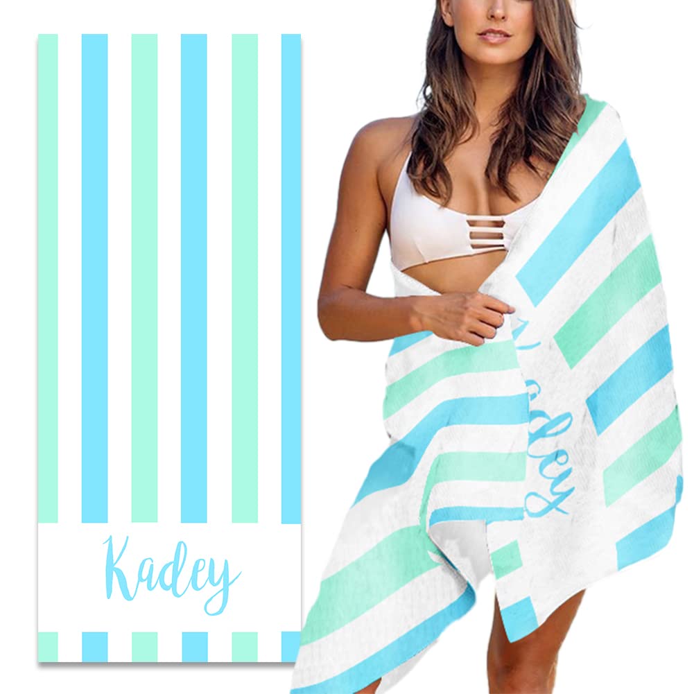 MeMoShe Personalized Beach Towel with Name Custom Microfiber Kids Beach Towels Sand Free Quick Dry Pool Towel Blanket Stripes Print Beach Towels for
