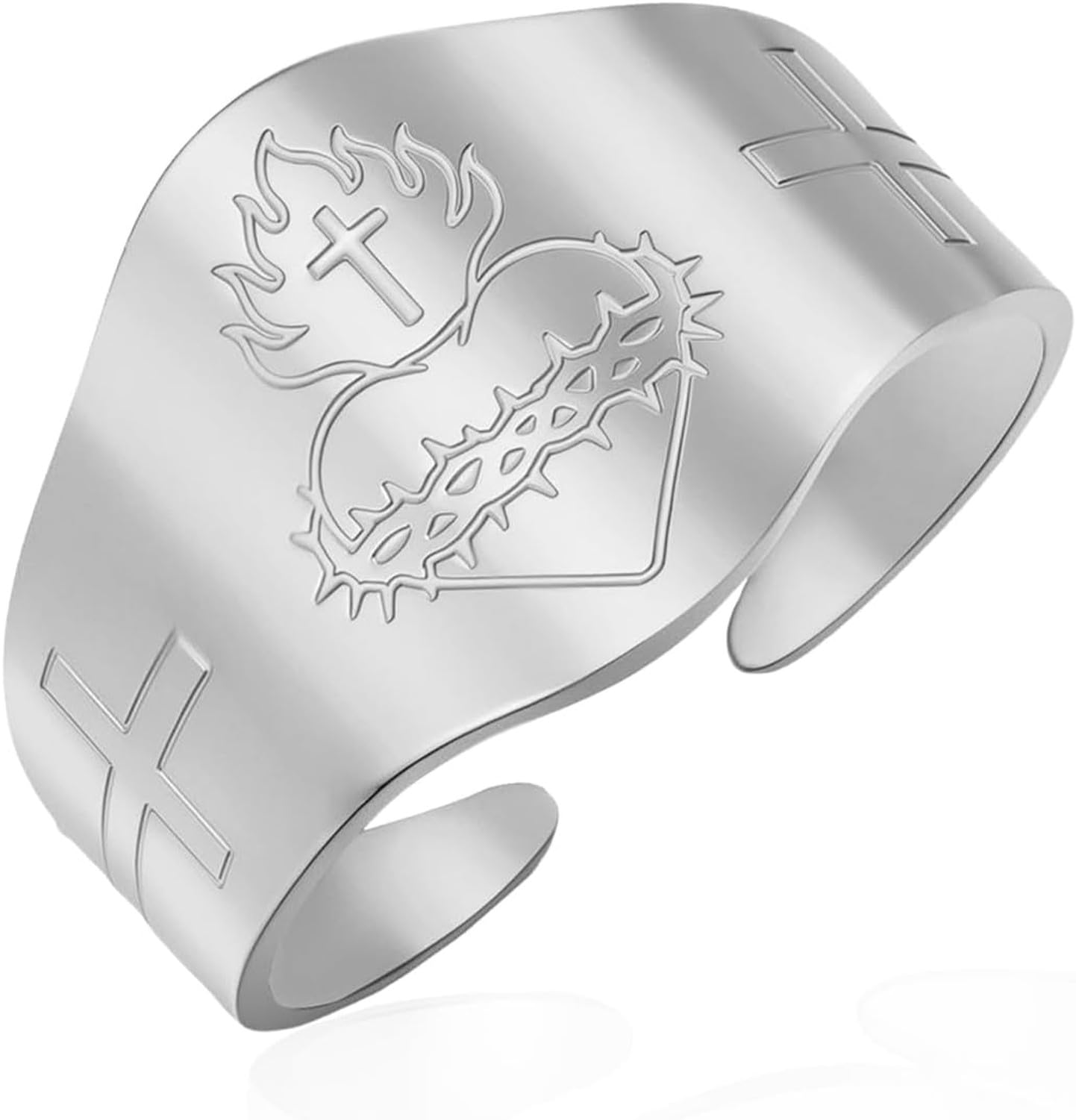 LGBBTI Open Adjustable Flame Heart Religious Cross Ring for Men Women Stainless Steel Christian Catholic Jesus Sacred Faith Punk Vintage Jewelry Gift Band, Silver