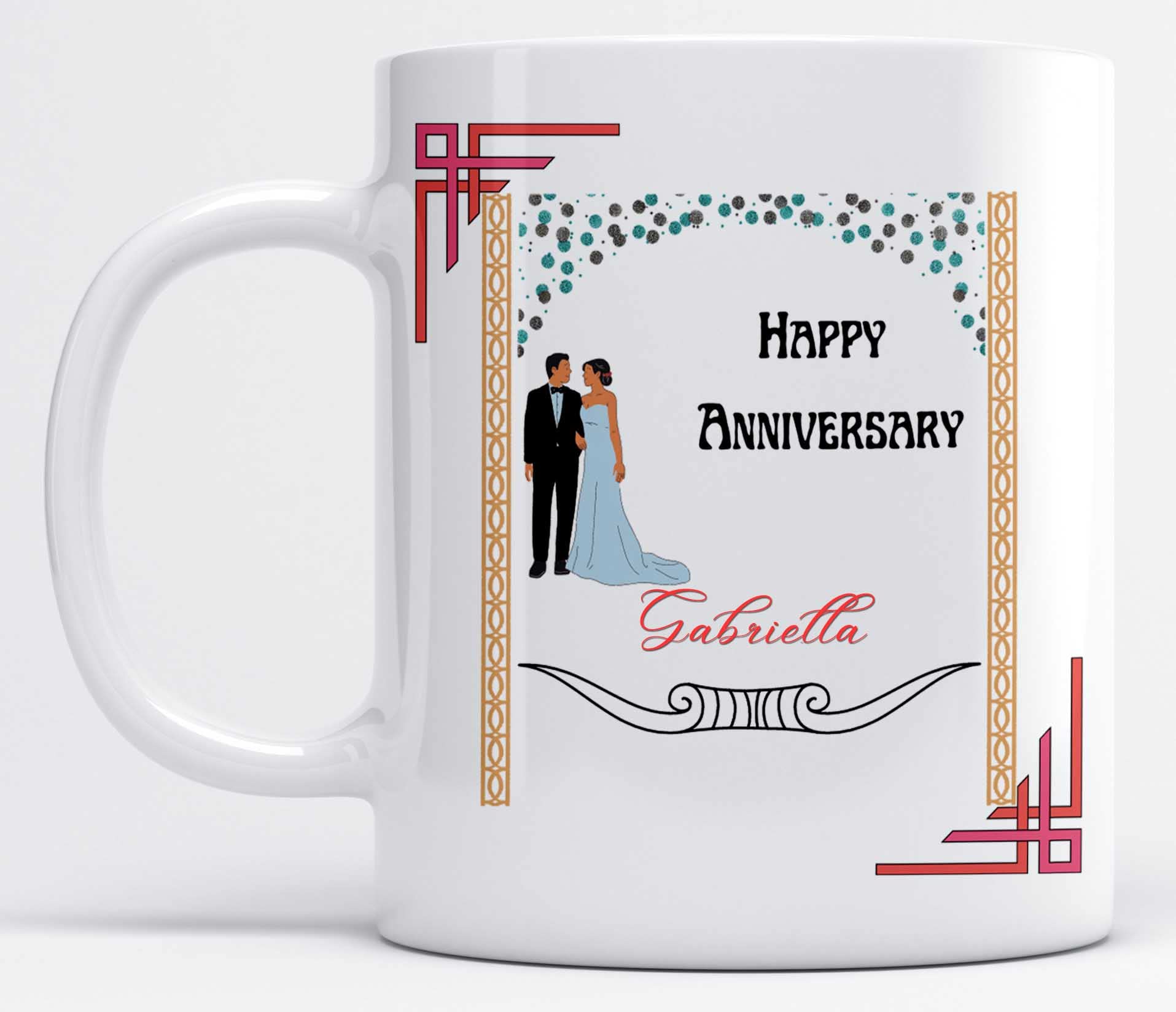 LOROFY Name Gabriella Printed Happy Anniversary Wish Design Ceramic Coffee Mug (350ML)