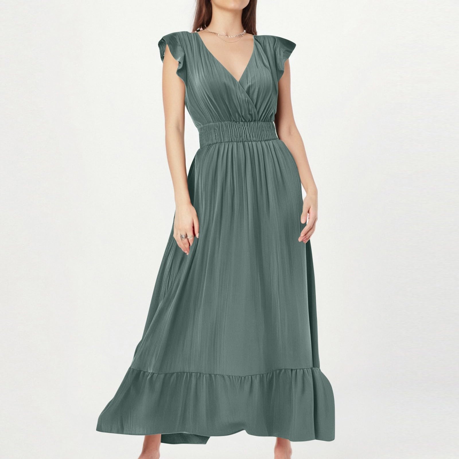 Damen Kleider Sommer Lang Korsett V Ausschnitt Maxikleid Damen Sommer mit Ärmel A Linie Rüschen Sommerkleid Maxi Elegant Plissee Kleid Frauen Tailliert Volant Sommerkleider Leicht Und Luftig