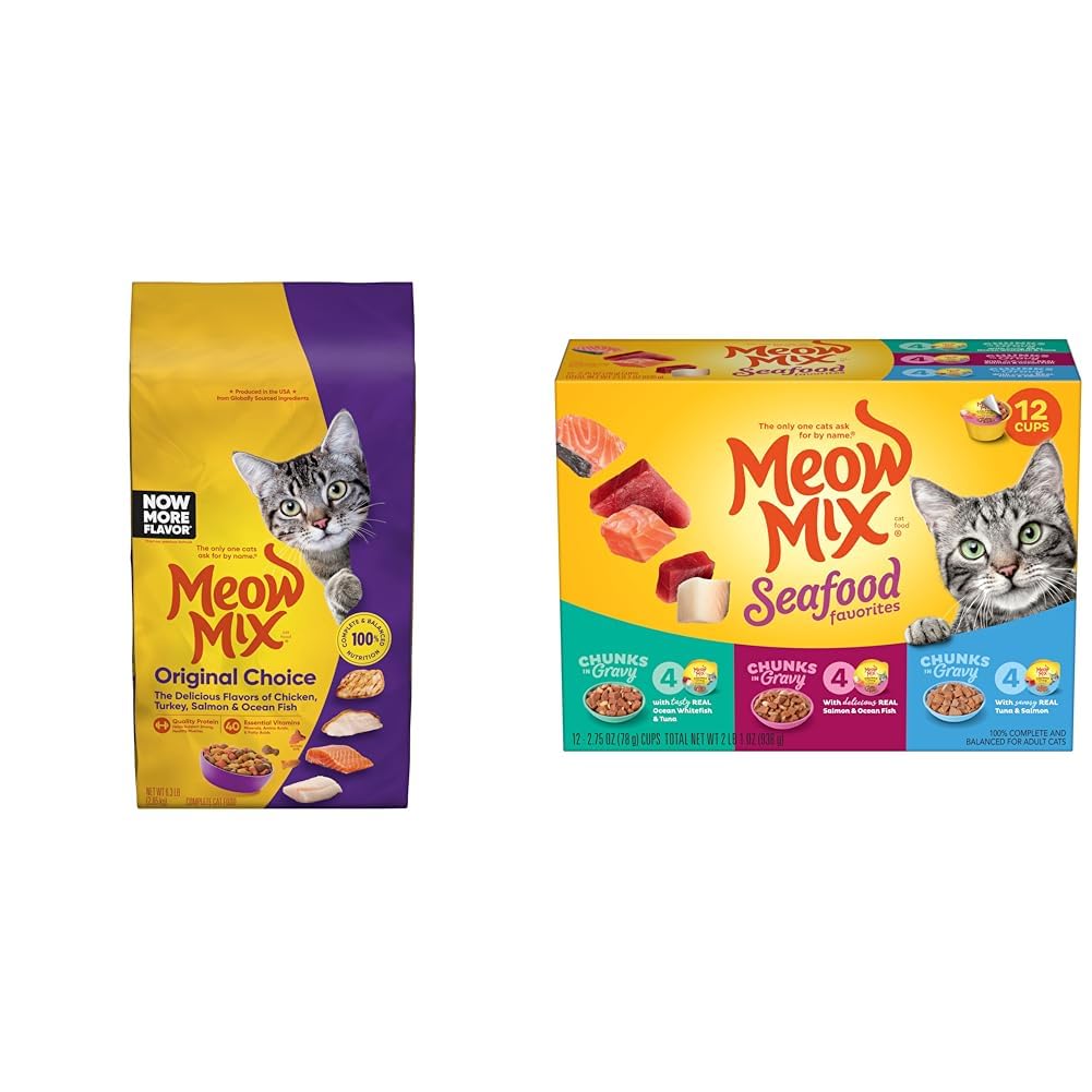 Meow Mix Bundle: Original Choice Dry Cat Food 6.3 Pound + Chunks in Gravy Seafood Favorites Wet Cat Food Variety Pack 2.75 Ounce (Pack of 12)
