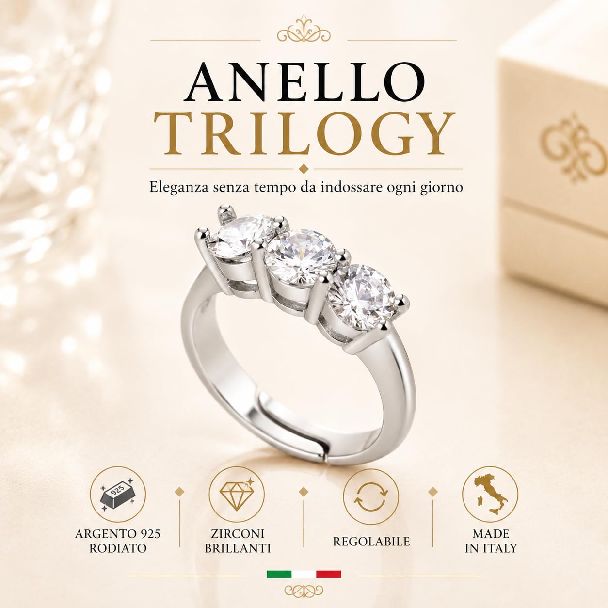 Donipreziosi Anello Trilogy Donna in Argento 925 Rodiato con Zirconi Bianchi Taglio Brillante, Made in Italy – Taglia Regolabile, Nickel Free – Idea Regalo Fidanzata, Moglie, Anniversario