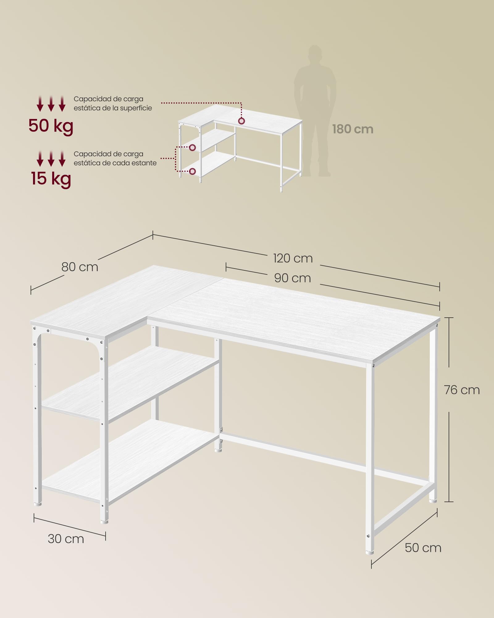 VASAGLE Scrivania Angolare a L, Scrivania Gaming per Computer con Scaffale Reversibile, Ripiano Regolabile in Altezza, per Studio Ufficio, 120 x 80 cm, Bianco Acero LWD136WF01 - 3