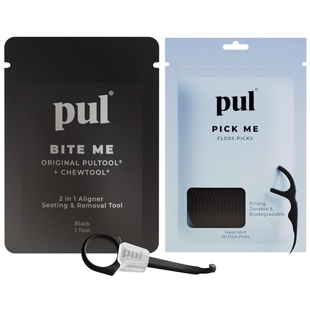 PUL Dental Care Bundle Pack of 50 Floss Picks 2-in-1 Aligner Seating Chewie Removal Tool Mint Teeth Flossers