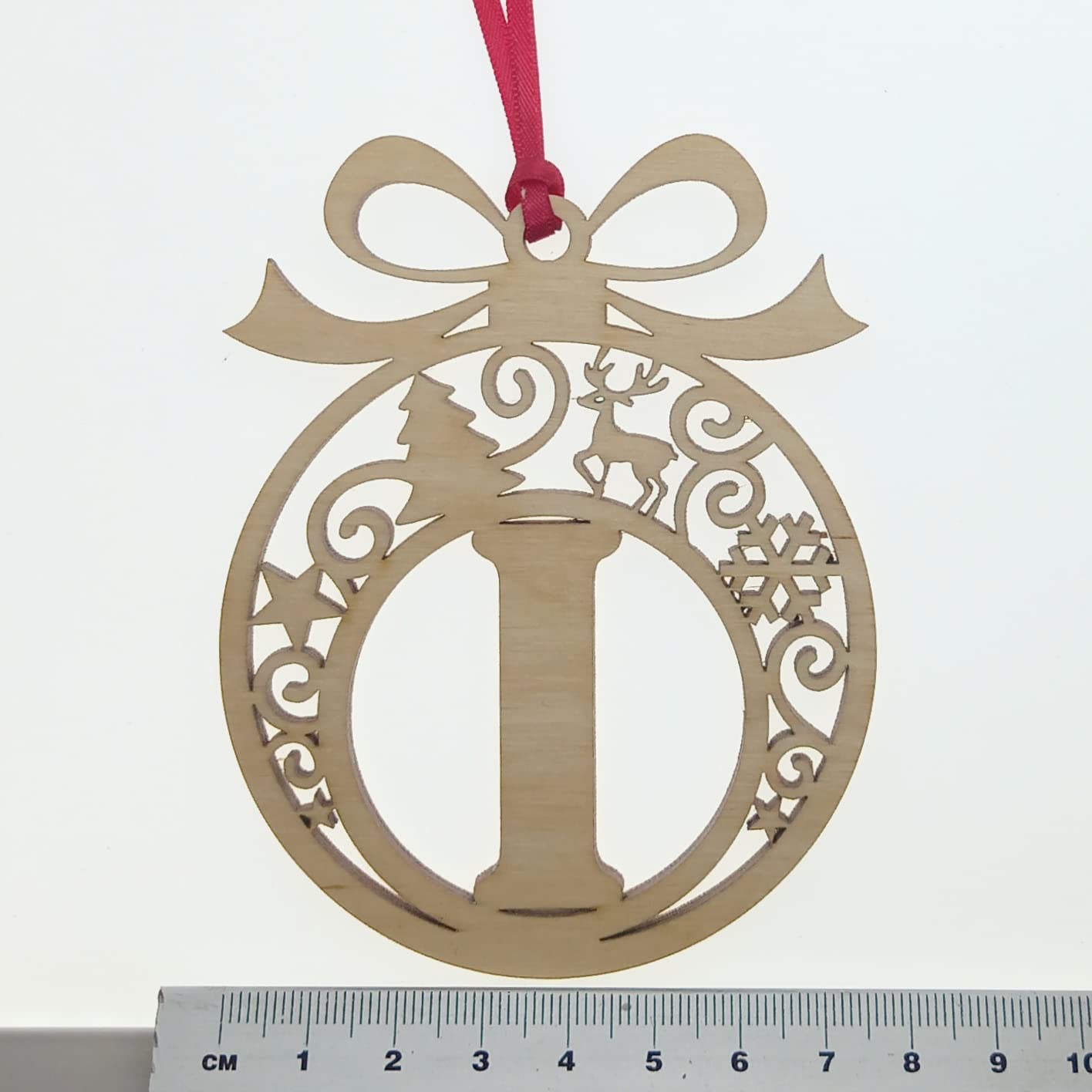 Personalised Christmas tree bauble decoration pendant ornament: Letter I, Natural Wood, Small - Image 2