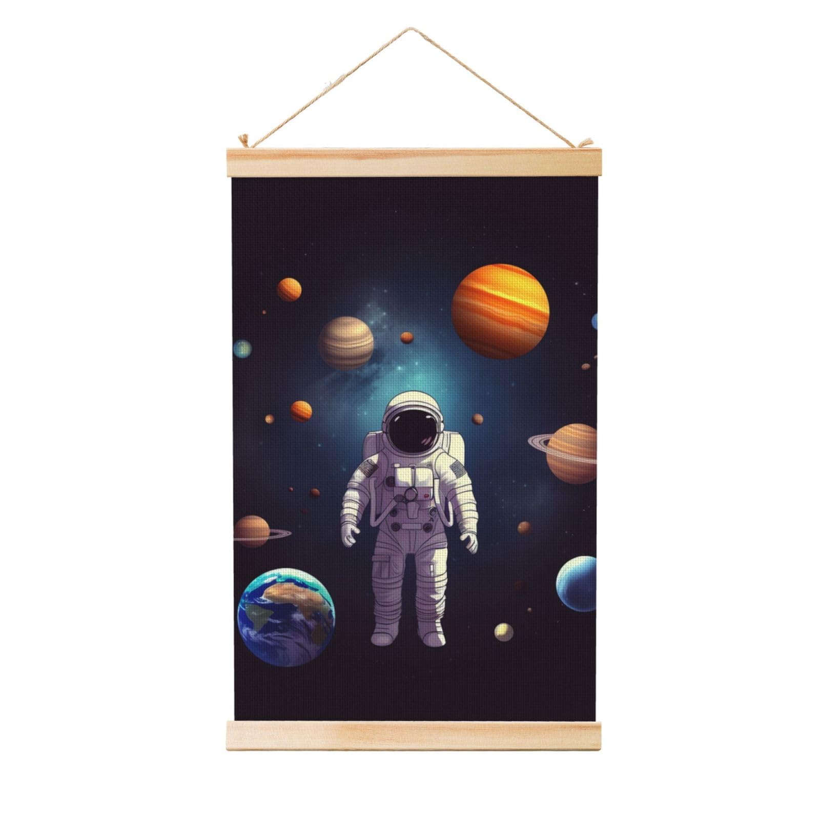 Hanging Posters Wooden Shaft Canvas Prints Wall Art Astronaut solar system planets Painting Hanging Scroll Painting Wall Banner Modern Artwork Decor for Home Ready to Hang 20"x30"